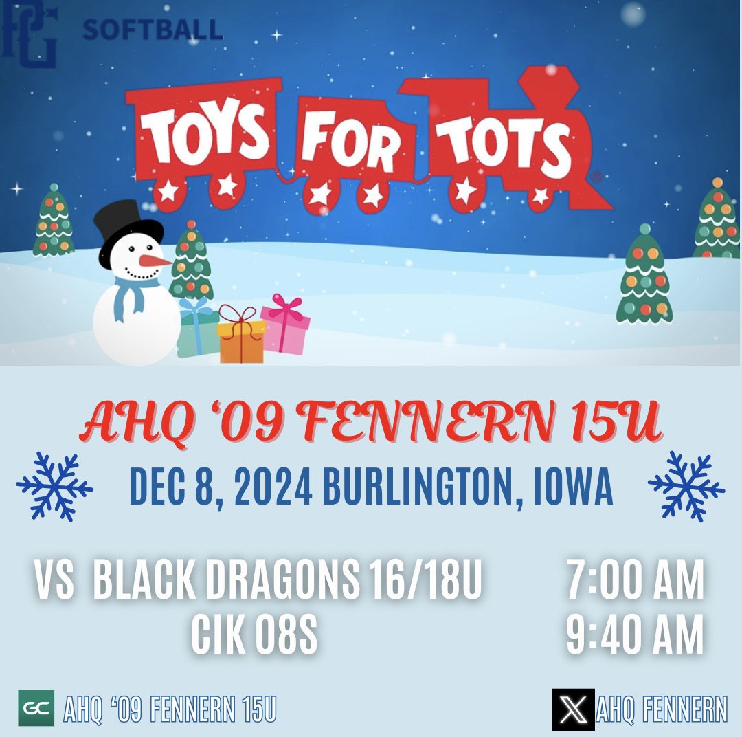 AHQ Fennern (@ahqfennern) on Twitter photo We are back at it this weekend for a fantastic cause. Players will take the field in Iowa this Sunday with new unwrapped toys as we support <a href="/ToysForTots_USA/">Toys for Tots</a> ! <a href="/PG_Softball/">Perfect Game Softball</a> <a href="/AthletesHQElgin/">Athletes HQ®️</a> <a href="/DrFennern/">Dr. Nikki Fennern</a> #GivingBack We are back at it this weekend for a fantastic cause. Players will take the field in Iowa this Sunday with new unwrapped toys as we support <a href="/ToysForTots_USA/">Toys for Tots</a> ! <a href="/PG_Softball/">Perfect Game Softball</a> <a href="/AthletesHQElgin/">Athletes HQ®️</a> <a href="/DrFennern/">Dr. Nikki Fennern</a> #GivingBack