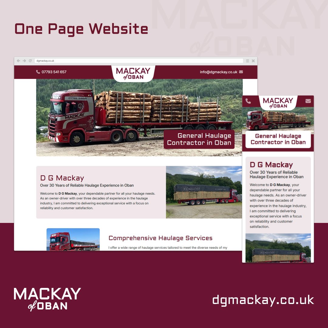 darkflaredesign's tweet photo. 🆕 A one page website created for DG Mackay Haulage of Oban.

A custom designed single page website was created based on existing promotional material and client provided photography. This project included production of web copy &amp; recreation of the logo based on vehicle artwork. https://t.co/YllshKoxES