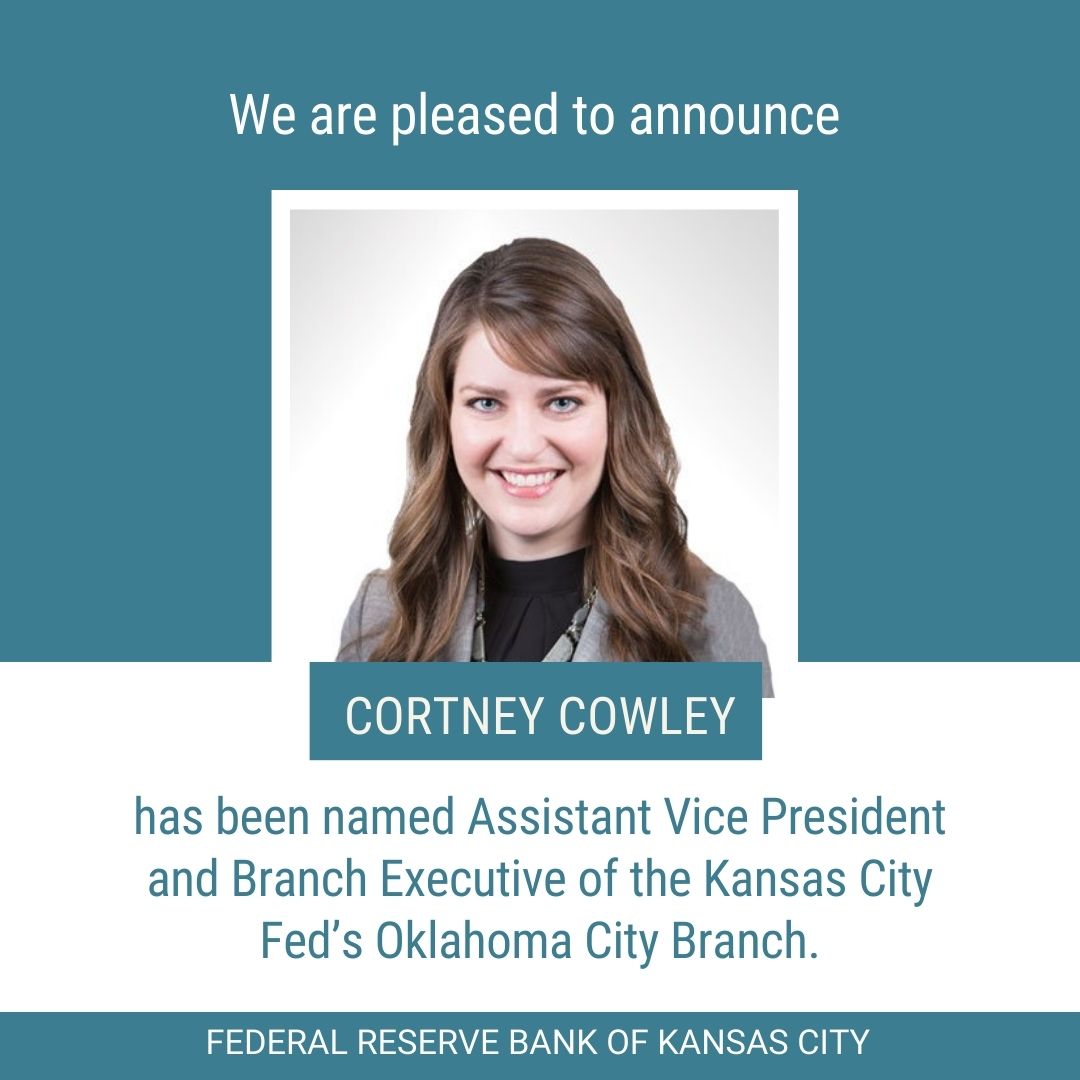 KansasCityFed's tweet photo. We are pleased to announce that Cortney Cowley has been named assistant vice president and branch executive of our Oklahoma City Branch, effective Jan. 1, 2025.

You can read more about Cortney and her new role here: https://t.co/DkZv8nRxGD https://t.co/ewe2eENsGv