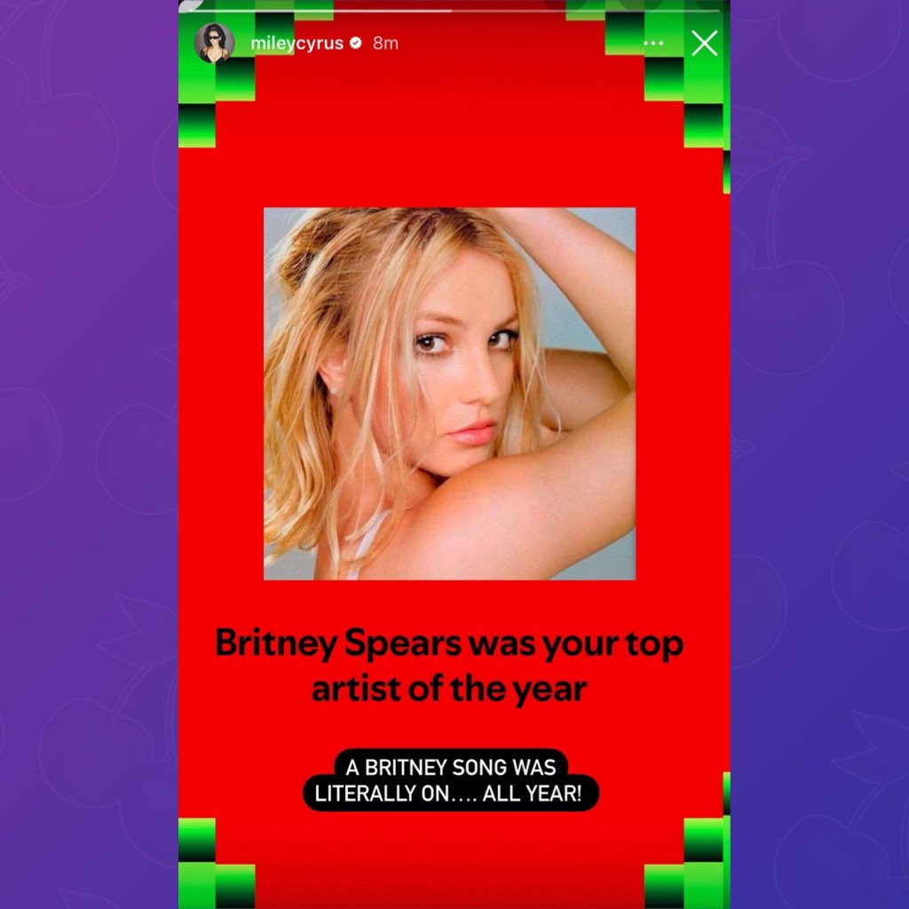 PopBase's tweet photo. Miley Cyrus references ‘Party In The U.S.A.’ in revealing Britney Spears as her Top artist on Spotify Wrapped:

“A Britney song was literally on…. all year!” https://t.co/oW7TYm8EVS