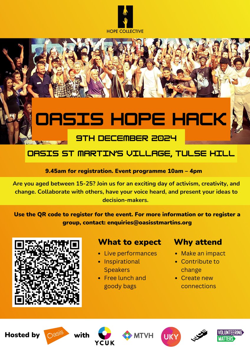 Oasis St Martin's Hope Hack, an exciting day of activism, creativity and change.
👉For young people aged 15 - 25.
👉155 Tulse Hill, SW2 3UP
👉9 December 10 am to 4 pm