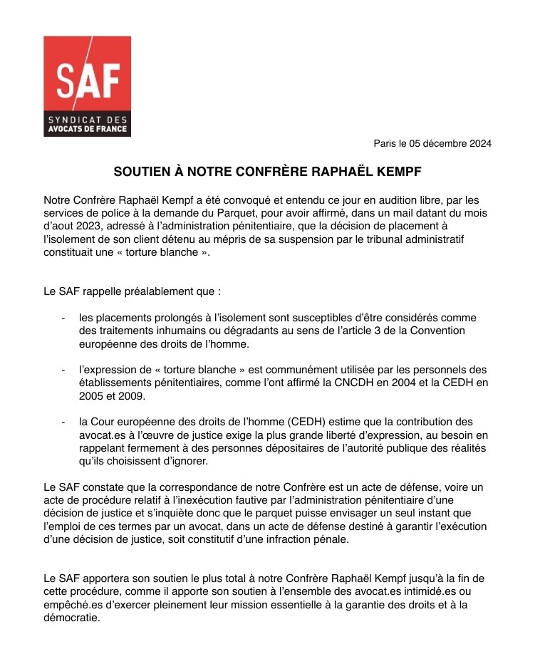 Le SAF apporte son total soutien à notre Confrère <a href="/raphkempf/">Raphaël Kempf</a> suite à son audition par la police.