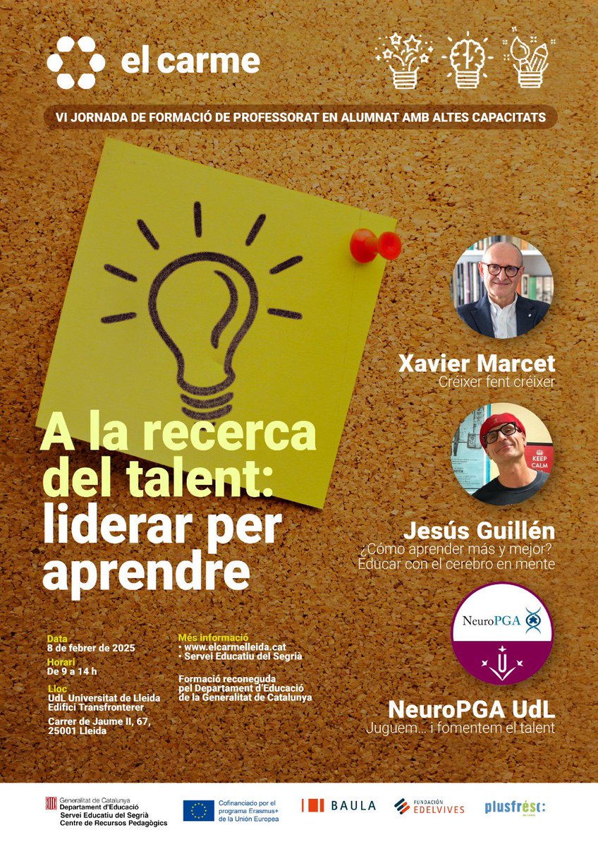 El Carme Lleida (@elcarmelleida) on Twitter photo VI Jornada de formació de professorat en alumnat amb Altes Capacitats amb <a href="/XavierMarcet/">Xavier Marcet</a>, <a href="/jesuscguillen/">Jesús C. Guillén</a> i <a href="/NeuroPGA/">NeuroPGA Research Team UdL</a>
Si ets docent… no t’ho perdis! Inscripcions i info ⬇️
serveiseducatius.xtec.cat/segria/general… VI Jornada de formació de professorat en alumnat amb Altes Capacitats amb <a href="/XavierMarcet/">Xavier Marcet</a>, <a href="/jesuscguillen/">Jesús C. Guillén</a> i <a href="/NeuroPGA/">NeuroPGA Research Team UdL</a>
Si ets docent… no t’ho perdis! Inscripcions i info ⬇️
serveiseducatius.xtec.cat/segria/general…