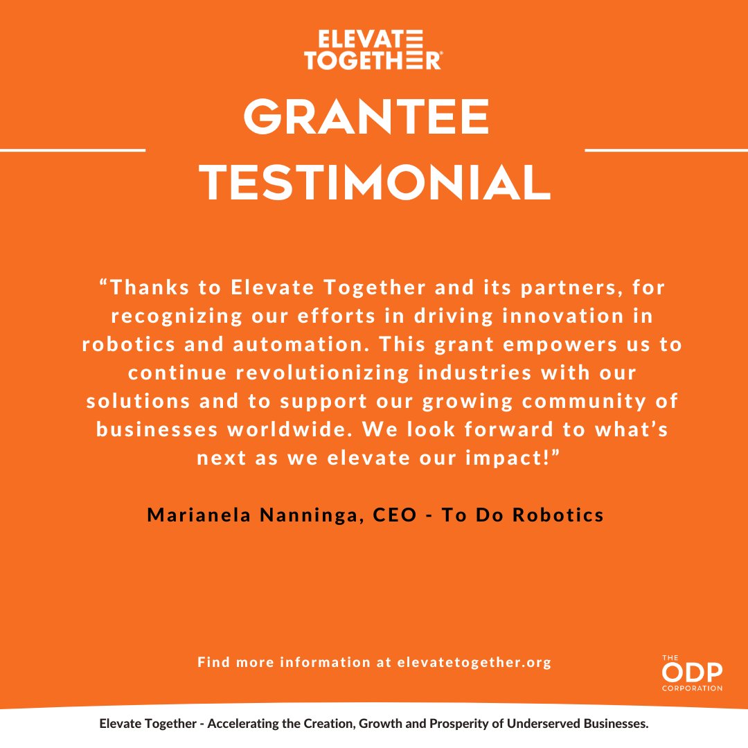 ❤️ We are ecstatic to share this testimonial from grant recipient - Marianela Nanninga, CEO of To Do Robotics

Follow them for more information on robotics---&gt; <a href="/todorobotics/">Todo Robotics LLC</a>

#ElevateTogether #BusinessGrowth #BusinessSupport #Entrepreneurship #BusinessMentorship