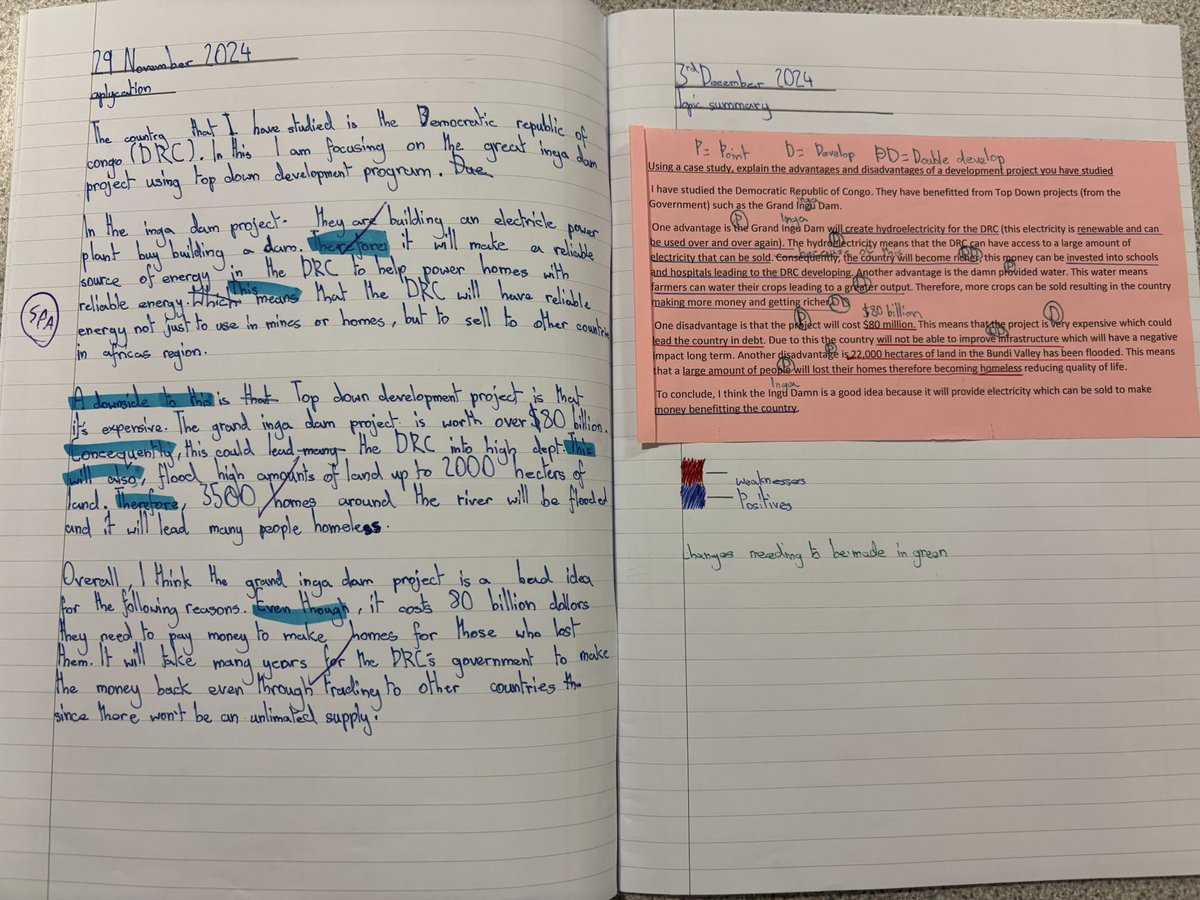 MissParr96's tweet photo. Year 7 Extended Writing 

Planning sheet for structure, extended writing, highlight application, model answer then improve their work.

Reminding Y7 of application, point and develop and getting them to identify this in their own work has rapidly increased the quality 🗺️ https://t.co/mRUC3xYeeR