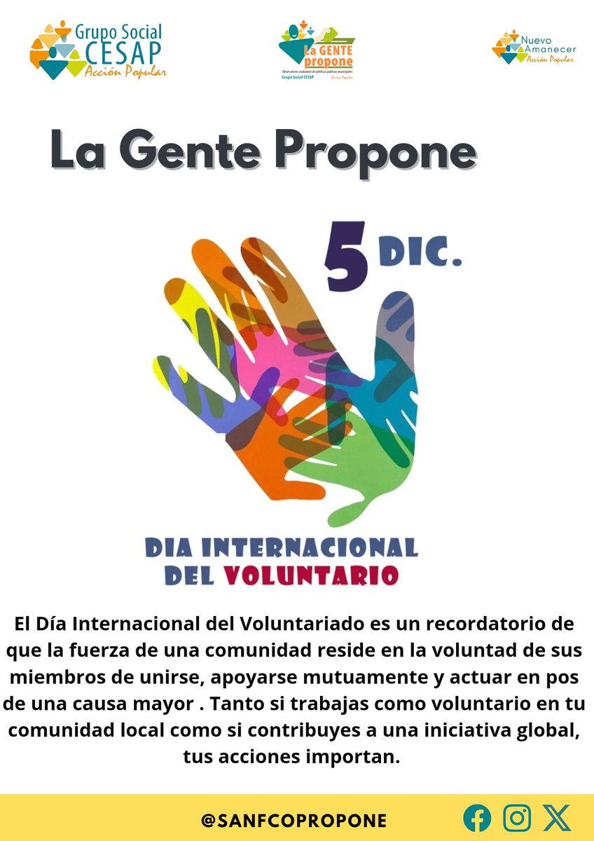 Sanfcopropone's tweet photo. celebramos este 5 de diciembre el día internacional del voluntario 
#lagentepropone #somoscesap  #50añosdeaccionpopular https://t.co/C7byXv2kux