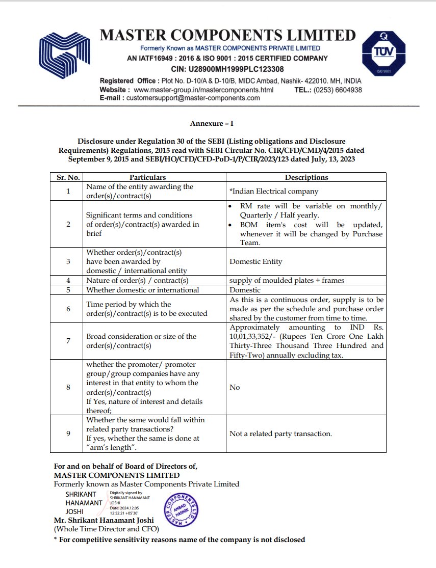 BaateinStockKi's tweet image. 🔧 Master Components Limited scores big! 🎉

This leading plastic moulding company secures a significant new order worth ₹10.01 Cr from an Indian electrical company. A promising step forward for growth and industry impact! 🏭💡

#MasterComponents #PlasticMoulding #OrderBook…