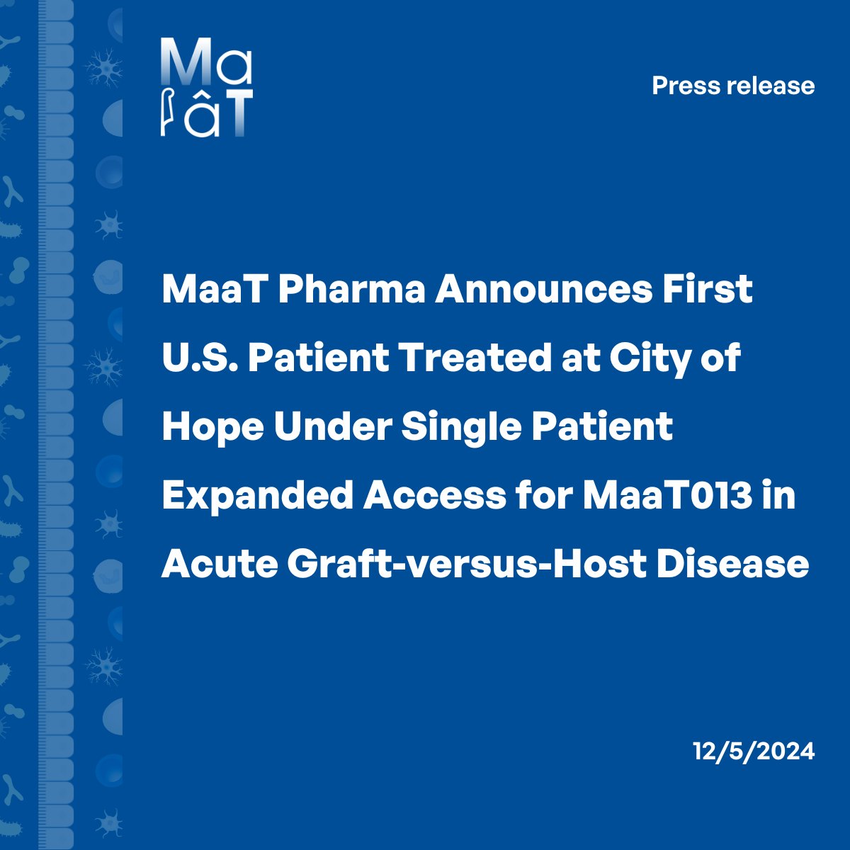 MaaT_Pharma's tweet photo. 📄 [Press Release] – MaaT Pharma announces first U.S. patient treated with MaaT013 at @cityofhope  under the FDA’s Single Patient Expanded Access program for acute Graft-versus-Host Disease (aGvHD).

This compassionate use treatment was administered at City of Hope, one of the nation’s top cancer centers, by Drs. @DrMonzrAlMalki  and @RyotaroNakamura , renowned experts in GvHD and Hematopoietic Cell Transplantation.

This milestone highlights the growing global recognition of MaaT013 as a potential new treatment for refractory aGvHD. With our Phase 3 ARES trial nearing results in January 2025, we are dedicated to bringing new hope to patients worldwide.

👏 Thank you to the clinicians and to our teams who make this progress possible!

👉 Read the full press release: https://t.co/kK1OJ5H9pF
 
#aGvHD #HemOncs #oncology #GvHD #innovation #MaaT013 #immunemodulation #ASH2024