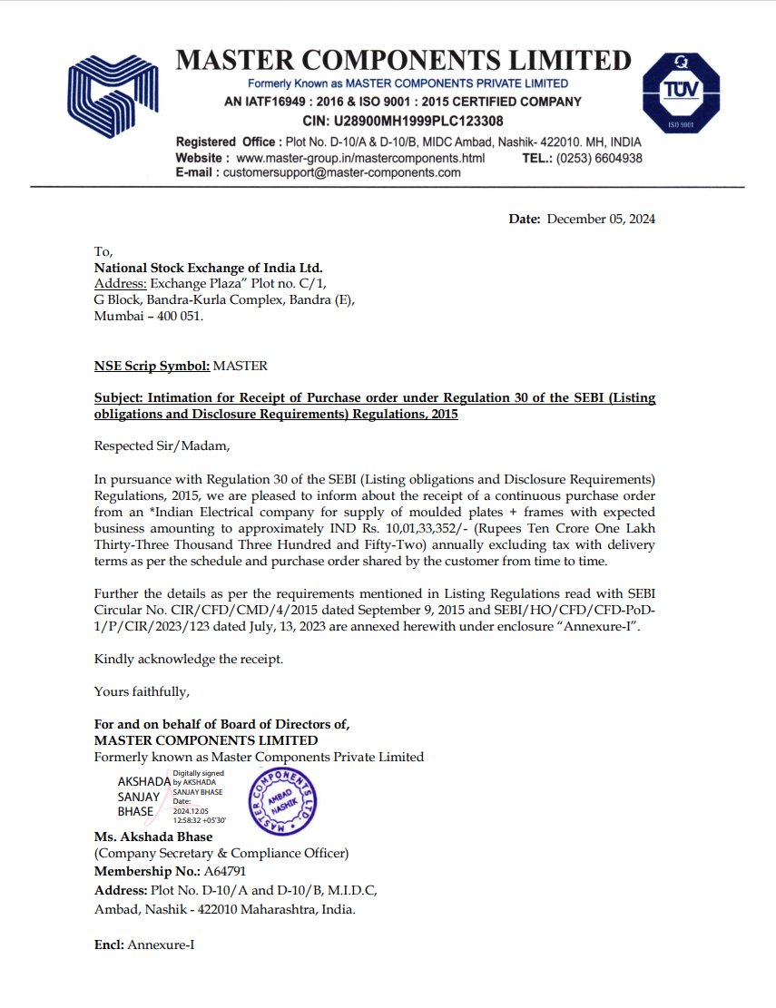 BaateinStockKi's tweet image. 🔧 Master Components Limited scores big! 🎉

This leading plastic moulding company secures a significant new order worth ₹10.01 Cr from an Indian electrical company. A promising step forward for growth and industry impact! 🏭💡

#MasterComponents #PlasticMoulding #OrderBook…