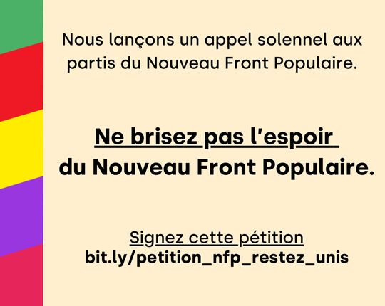 ⚡Risque de turbulences pour le NFP :
Signez notre pétition pour rappeler à <a href="/JLMelenchon/">Jean-Luc Mélenchon</a>, <a href="/faureolivier/">Olivier Faure</a>, <a href="/marinetondelier/">Marine Tondelier</a> et <a href="/Fabien_Roussel/">Fabien Roussel</a> et tout le #NFP que c'est uniquement en étant soudés que l'élan citoyen mène à la victoire ! #Macron20h
🖋️👇bit.ly/petition_nfp_r…