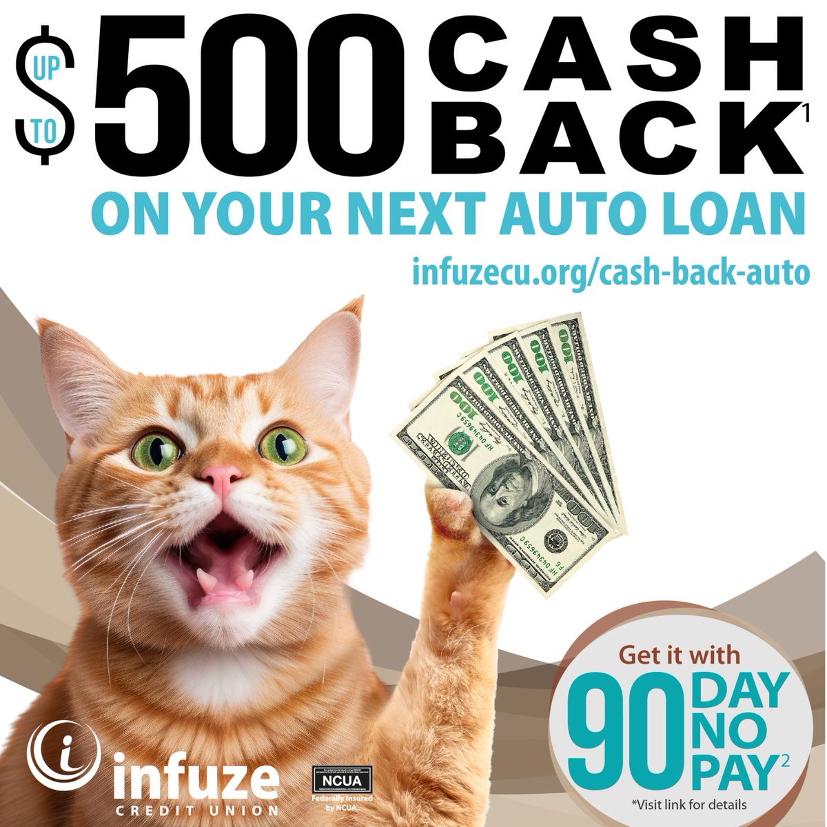 🚙 This deal is the cat’s whiskers! Infuze Credit Union is giving up to $500 cash back* on vehicle purchases or refinances. Enjoy 90 days* with no payments! Find out more at infuzecu.org/cash-back-auto.
