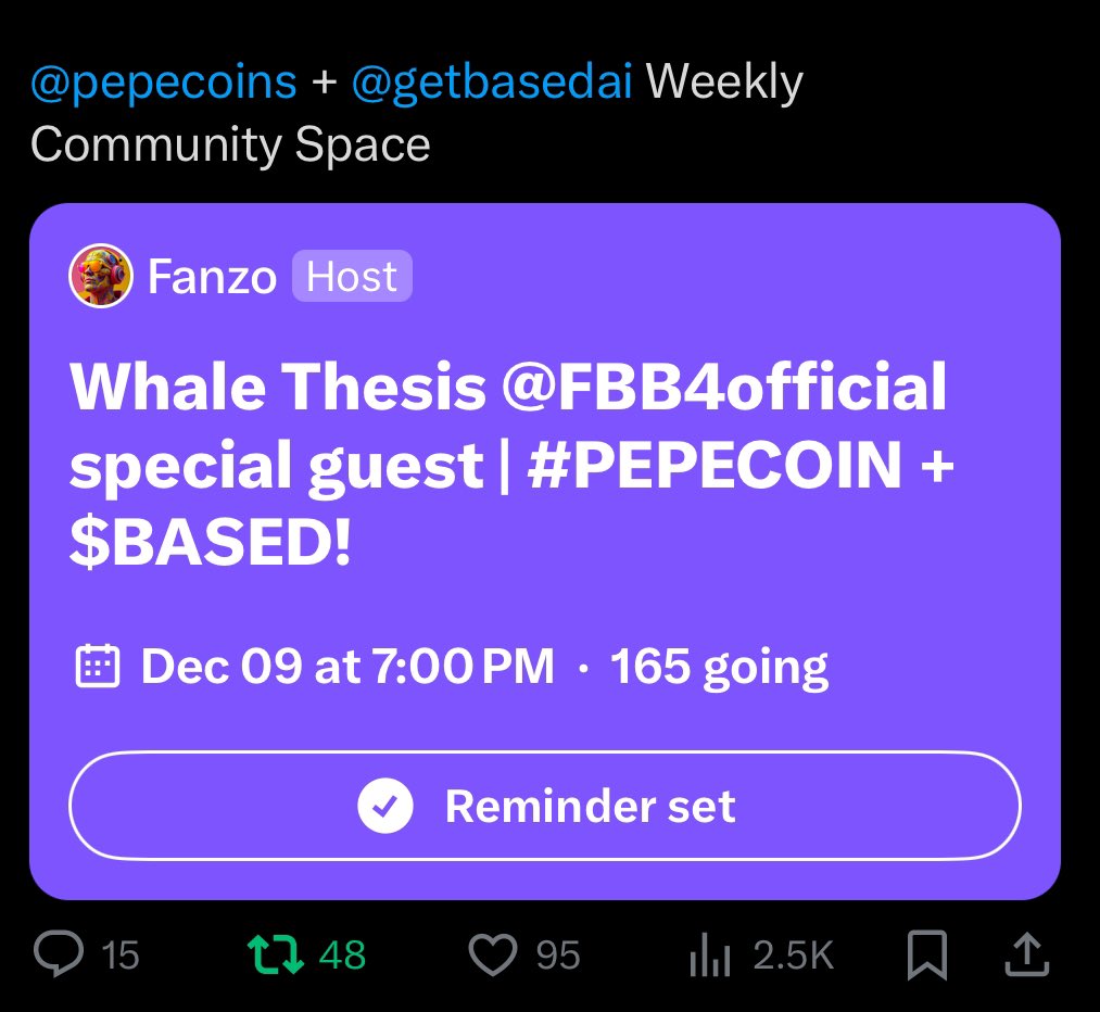 BPCRYPTO11's tweet photo. 🚨 The Legend is Back: FBB4 Returns! 🚨

After weeks of being mysteriously banned by X, @fbb4official has officially re-entered the scene—looks like his presence will be bigger and more powerful than ever. 

Keep in mind, he hasn’t stopped market buying his favorite coins including @pepecoins and @getbasedai .

He is the top holder of both $PEPECOIN AND $BCRED. With 4,256,776 $PEPECOIN 🐸 and 20,049 $BCRED, his first message back has sent shockwaves through the community:

👉 “12/5/2024 - 4:20 EST 🧠🧠🧠 @pepecoins”

What’s he going to do!? 🤷🏽‍♂️

🔥 The numbers don’t lie—FBB4 is a force to be reckoned with. If he wanted he could mint a total of 80 Brains between his $PEPECOIN and $BCRED, (at a Brain price of about $300k each!), but we all know he wont get rid of all his rare #pepecoin. After all, it’s FBB4.  He’s been accumulating and diamond handing since the beginning. 

💥 If history is anything to go by, the last time he gave us a date—10/27/24, 4:20 EST—he burned 420,000 $PEPECOIN and sent the Kek-Verse into chaos. Could we be on the verge of another legendary move? A massive burn? A huge Brain Mint? Or maybe… a major exchange listing? 

🕒 All eyes are on 4:20 PM Eastern today. The world will be watching to see what unfolds—don’t miss it.

Even Official @pepecoins posted “Big Day, Let’s get it!” 👀 

📈 Something monumental is brewing. In honor of the great @fbb4official I grabbed some more $PEPECOIN at an incredible price of $4.20 today.

💬 What about you? Are you ready for what’s coming? Drop your thoughts below!

‼️🚨P.S. Don’t miss FBB4 speaking live this Monday at 7 PM EST on the community’s weekly Twitter Spaces! With everything brewing, this is bound to be an electrifying session. Definitely excited for this one!

#FBB4 #PepeCoin #BCred #KekVerse #PepeCulture #CryptoBurn #BrainMint #ExchangeListing #Web3 #MemeCoinKings