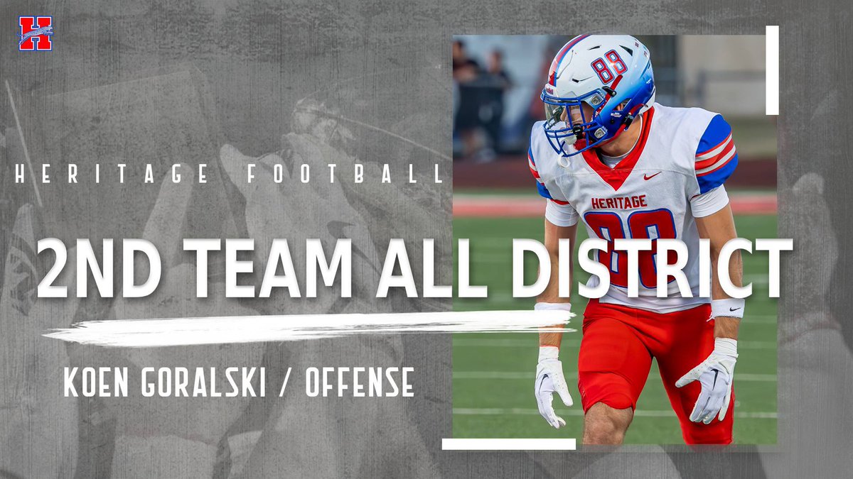 HeritageFtball's tweet photo. Congratulations to 2nd Team All-District 6-5A DII Wide Receiver Koen Goralski! 

21 rec
285 yds
2 TDs
#FIGHT #MOB #GD2BAJ https://t.co/mhVx5QBwBk
