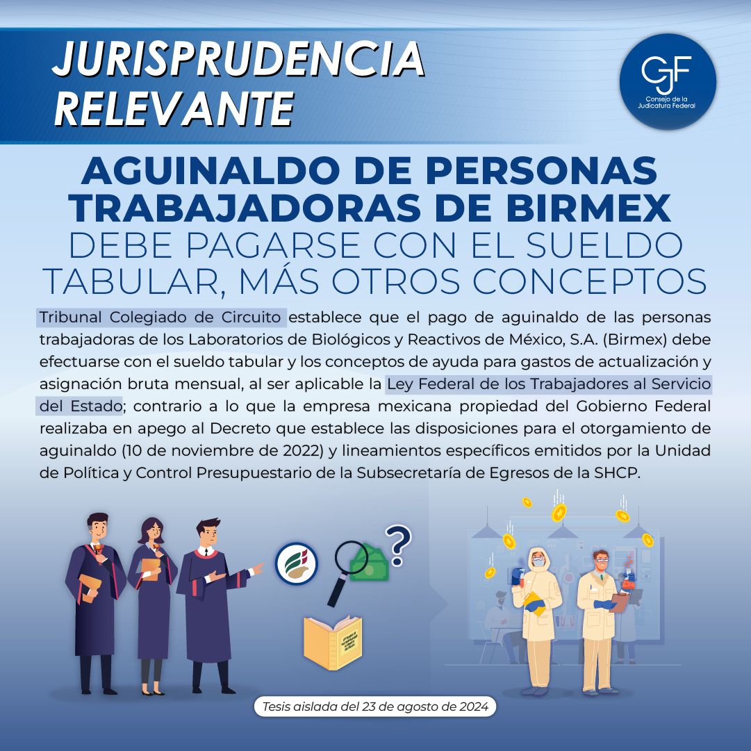 OAJ_Mex's tweet photo. #JurisprudenciaRelevante | Un Tribunal Colegiado de Circuito determinó que el aguinaldo de personas trabajadoras de BIRMEX debe pagarse con el sueldo tabular más otros conceptos.

👉 Consulta la jurisprudencia en: https://t.co/T7mREUAjJS https://t.co/5wEs8GQkc3
