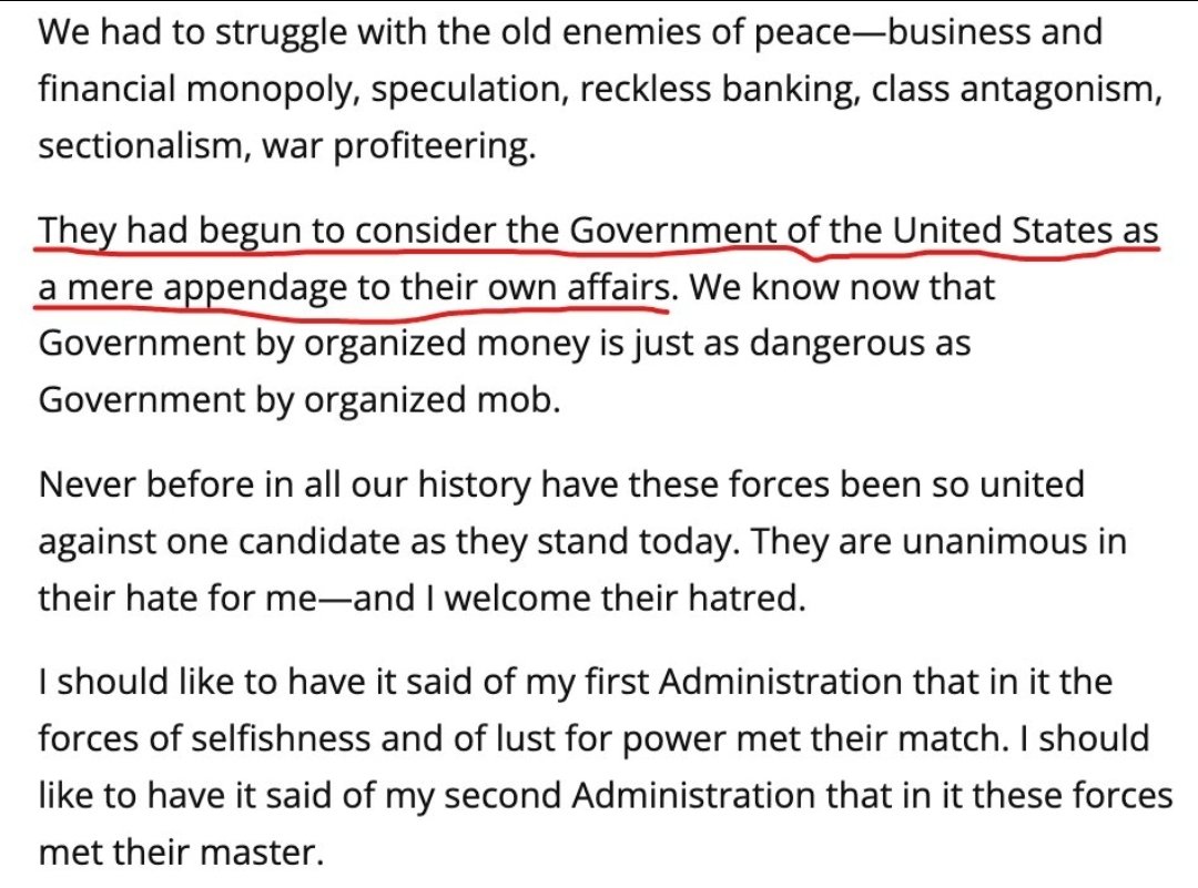 Jhonnathynn's tweet image. FDR reminding us that government of, by, and for organized money is just as dangerous as that of organized crime. If Democrats are looking for a populist to turn to, perhaps they should look to one of our own past presidents for inspiration