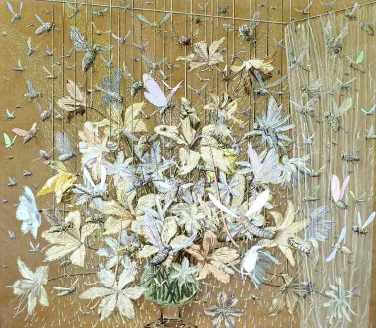 'Pale Delayed Vanitas' Acrylic + gel on raw linen. This is a biiig one, approx 7feet. A suspended still life. Holding on to the status quo......... #painting #acrylic #flowerpainting #botanicalart