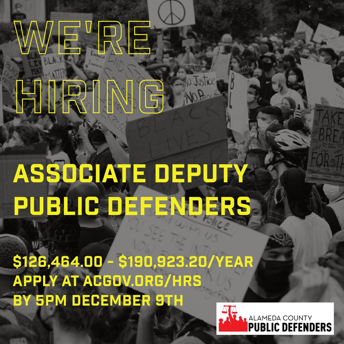 We need public defenders more than ever. We need people to defend our clients against the harms of the criminal punishment system. We need people to fight mass incarceration, to fight systemic racism, to fight for our communities. Join us! Apply by 12/9 acgov.org/hrs