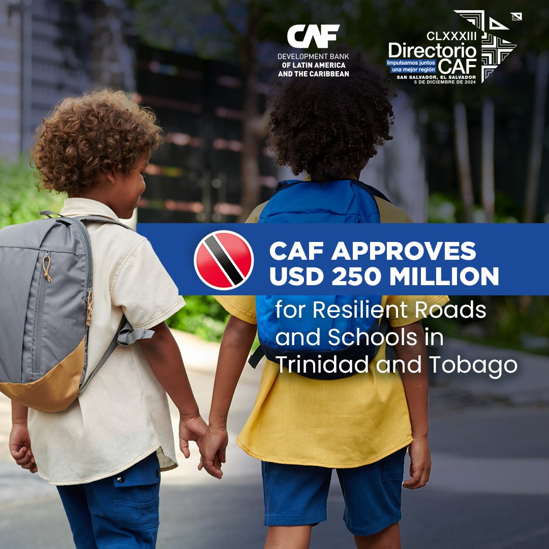 AgendaCAF's tweet photo. #CAFBoard approved USD 250 million to strengthen resilient road and school infrastructure in Trinidad and Tobago.   

The financing will improve road infrastructure against climate change and promote Spanish language learning in schools.

🔗https://t.co/6kTYrQBvnU