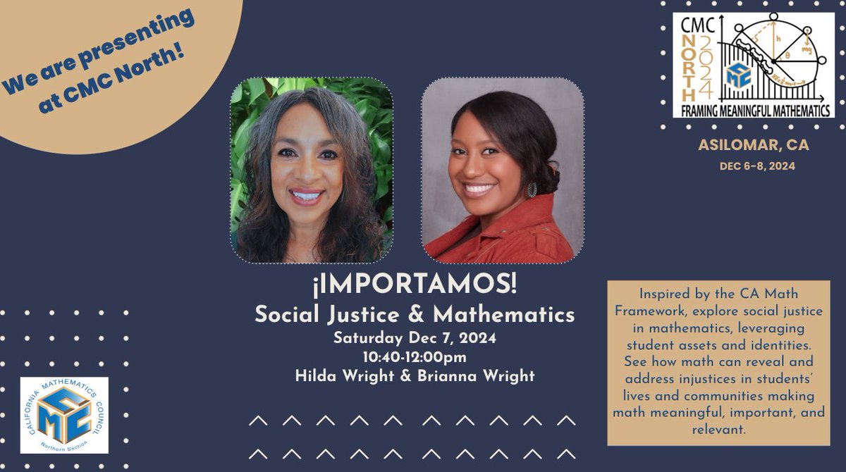 Hilda Wright (@wrightmath314) on Twitter photo Heading to CMC-North Conference this weekend? Join us for our session on Social Justice & Mathematics. Hope to see you there. #mathequity #socialjustice <a href="/CAMathCouncil/">CMC - CA MathCouncil</a> #cmcnorth Heading to CMC-North Conference this weekend? Join us for our session on Social Justice & Mathematics. Hope to see you there. #mathequity #socialjustice <a href="/CAMathCouncil/">CMC - CA MathCouncil</a> #cmcnorth