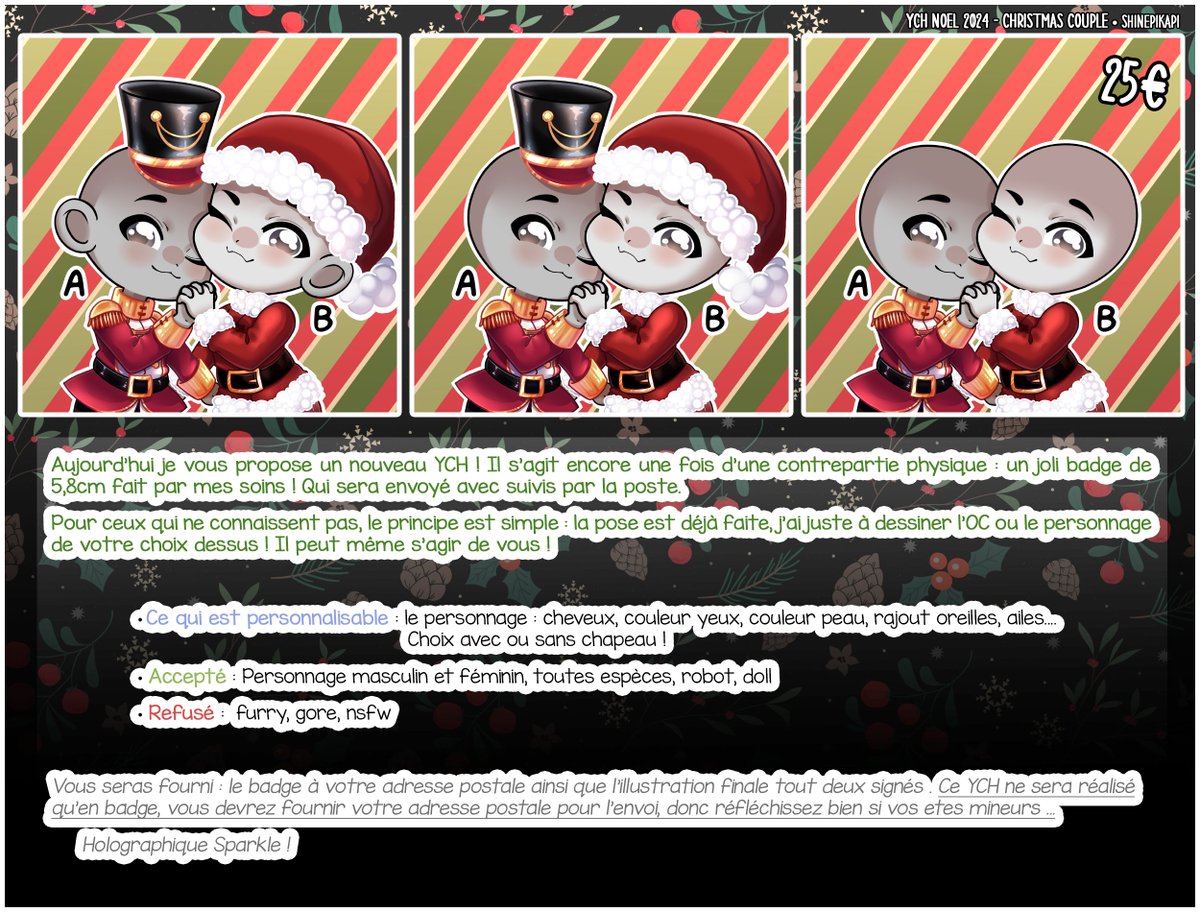 SupShinePikapi's tweet photo. Hellow !

Petit YCH BADGE de Noel ♥
Je sais qu'il est un peu tard, mais n'hésiter pas ! 

Réalisation et envoie rapide !
https://t.co/lofw4ADXNm

je posterais une photo exemple dès que j'aurais fini le mien ♥ https://t.co/pJE5zMHNf9