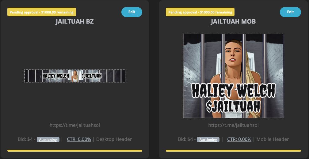 jailtuahsol's tweet photo. $JAILTUAH has just purchased a desktop and mobile banners on 4chan.

STATUS: awaiting approval. Approval time is 30 minutes to 2 hours.
BUDGET SUBMITTED: 2,000 USD
BID PER 1,000 VIEWS: 4 USD
CURRENT CLICK THROUGH RATE (CTR): 1.09%
EXPECTED VIEWS BASED ON BUDGET: 700,000 https://t.co/x1GJYS6QFI