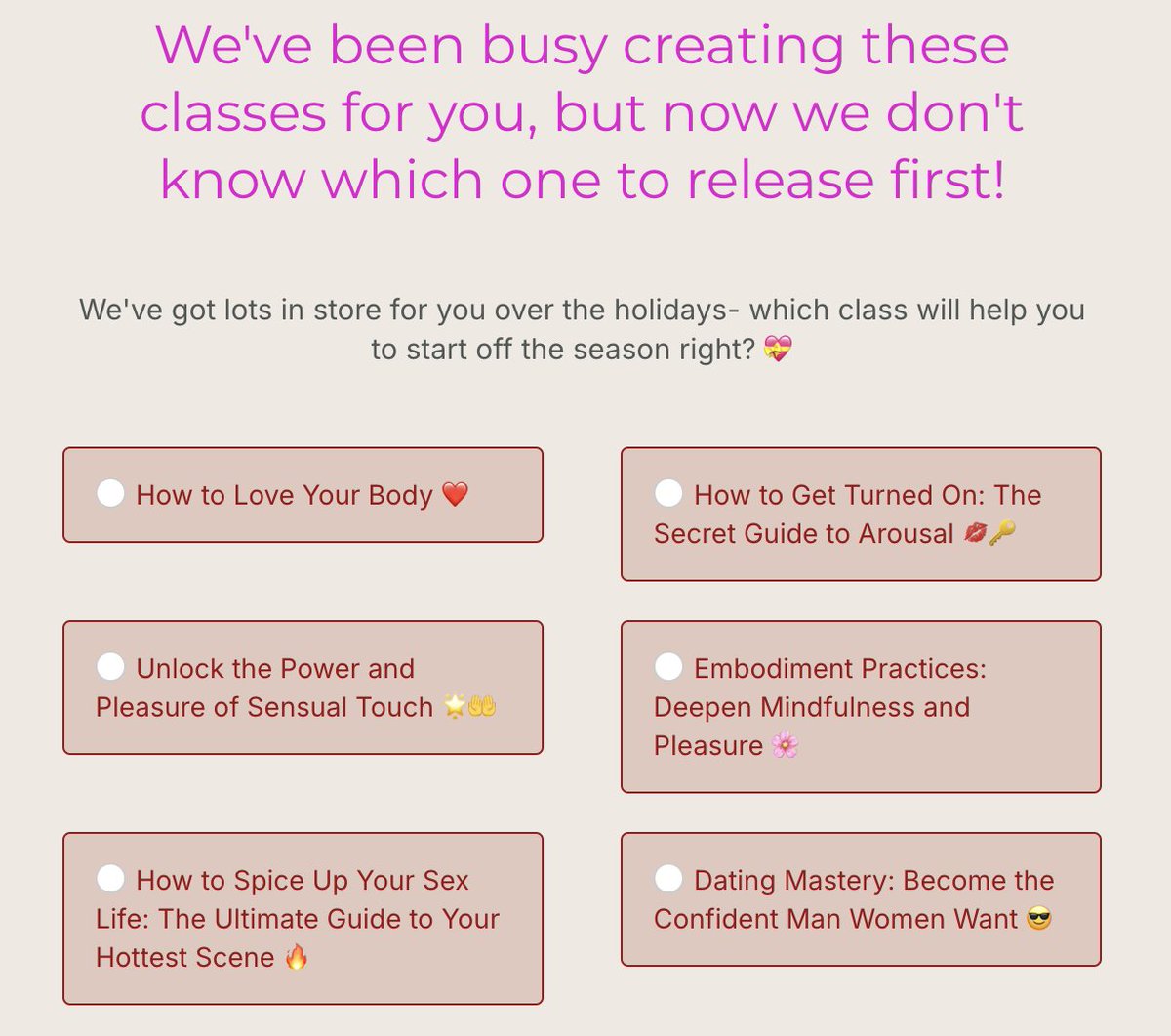 🎉 Comment which class excites you the most! 👇Christmas is coming early this year 😘 Be the first to know: celesteanddanielle.com/classes/ #somatica #somaticainstitute #celesteanddanielle #celestehirschman #danielleharel #relationshipcoach #intimacycoach #love #podcast #December