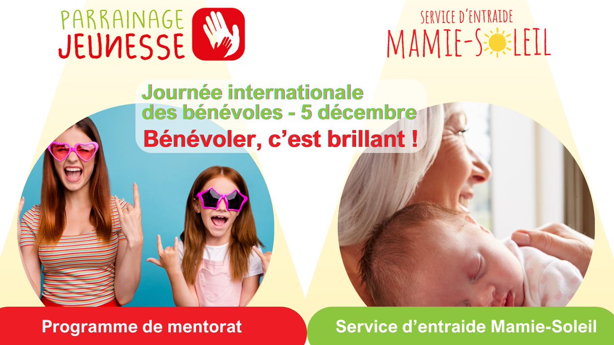 En cette Journée internationale des bénévoles, merci à nos bénévoles du programme de mentorat, du Service d'entraide Mamie-Soleil et nos administrateurs. Merci de briller si fort dans notre communauté! # ParrainageJeunesse #JournéeDesBénévoles #BénévolerCestBrillant #Merci