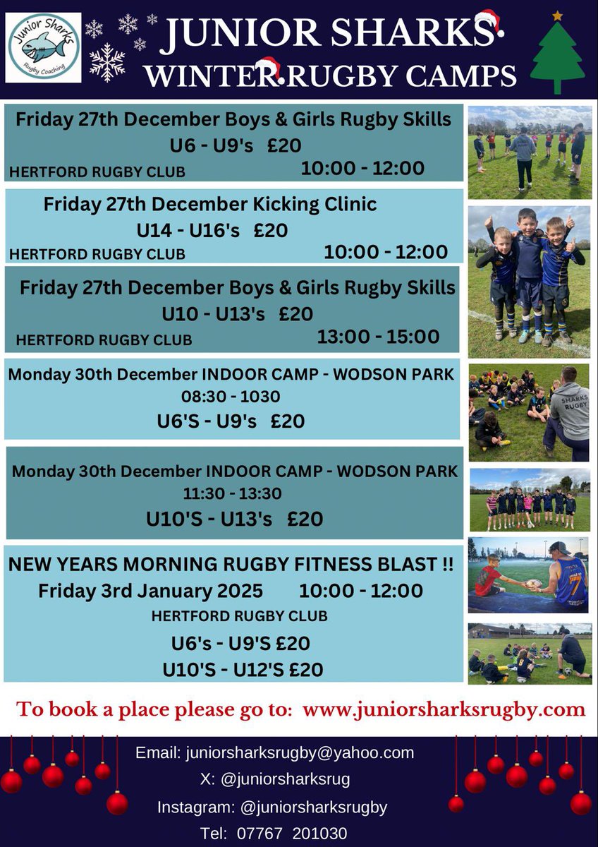 Amazing Christmas give away 🎁🎁🎁

50 FREE spaces available 🤯🏉🎁

Come along and enjoy some festive fun 🤩 

To book go to juniorsharksrugby.com 
<a href="/hertsrugby/">Herts Rugby</a>