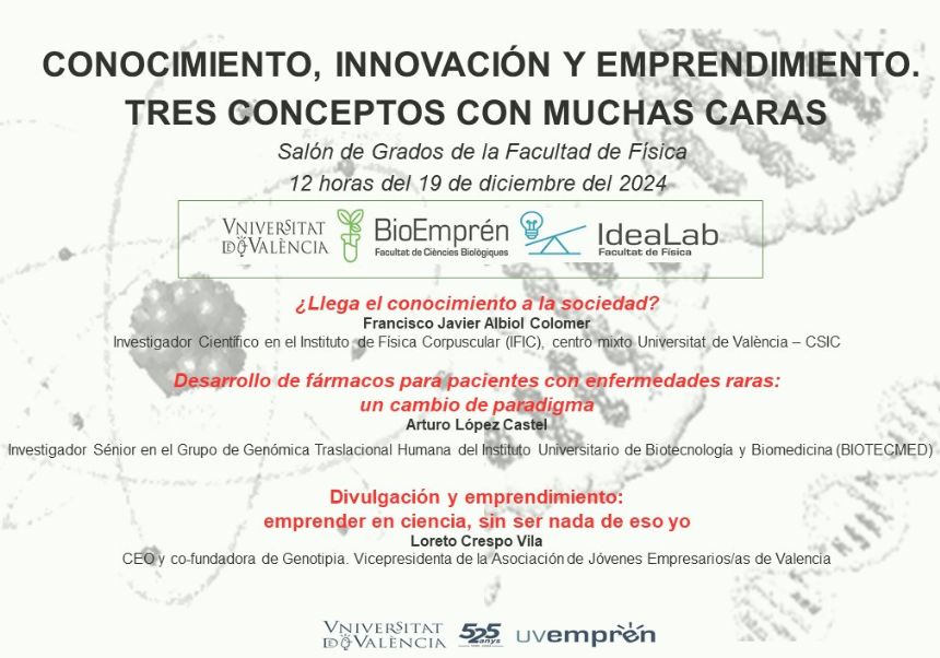 📐🧪 #EcosistemaUV #BioEmprén #IdeaLab | Les Preincubadores de la <a href="/BiologiquesUV/">Facultat Biològiques-UV.ES</a>, <a href="/FacFisicaUV/">FacFisicaUV</a>, us convidem a la jornada: “Coneixement, innovació i emprenedoria.  Tres conceptes amb moltes cares”
 📅 1️⃣9️⃣ de desembre, 12:00 h Saló de Graus <a href="/FacFisicaUV/">FacFisicaUV</a>
uv.es/uv-empren/ca/n…