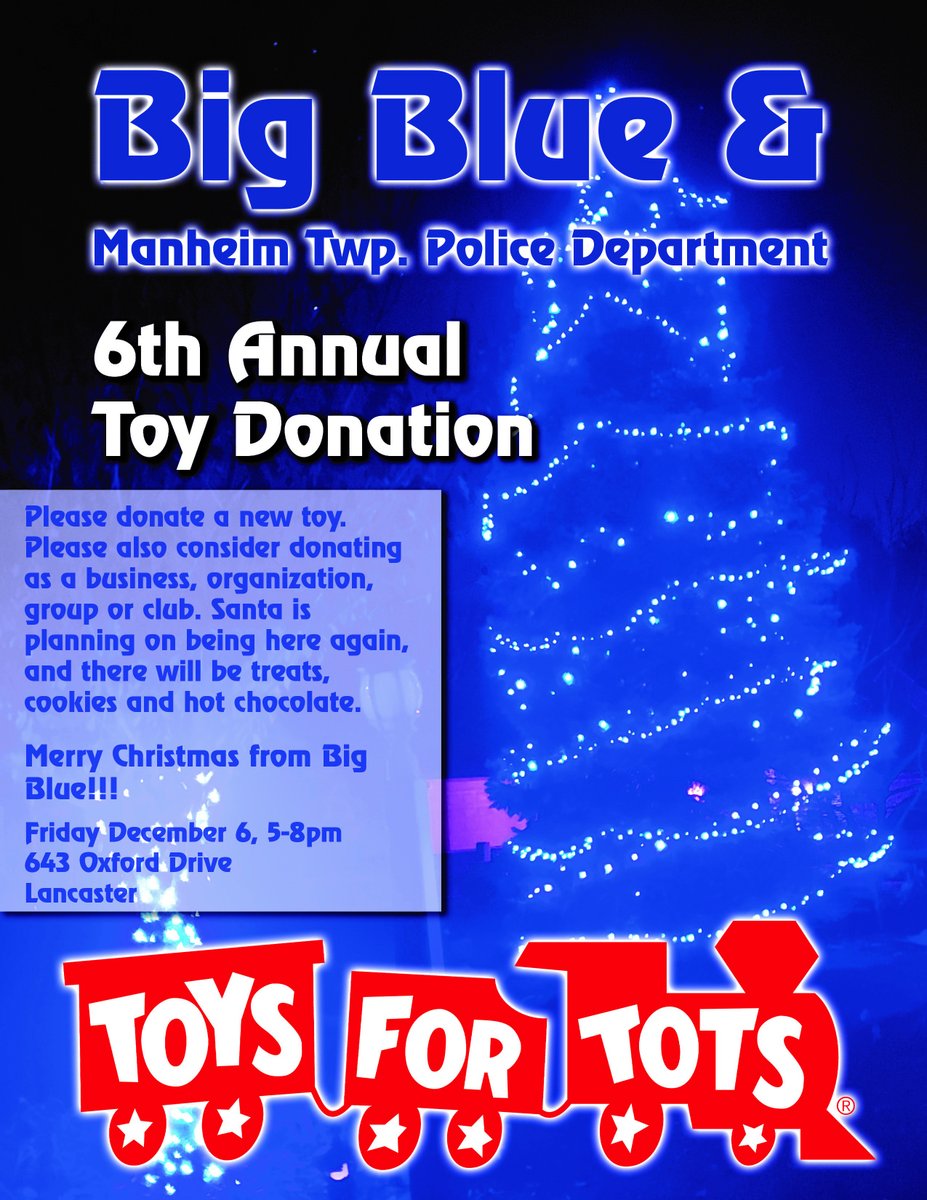.<a href="/ManheimTwpPD/">Manheim Township Police Department - Lancaster, PA</a> and <a href="/MTFireRescue/">MT Fire Rescue</a> are teaming up to collect unwrapped and unopened toys for the Toys for Tots Foundation!

Stop by tomorrow any time between 5 pm - 8 pm to 643 Oxford Drive, Lancaster, PA 17601 to meet MTPD and MTFR staff, and make a donation.

#ManheimTownship