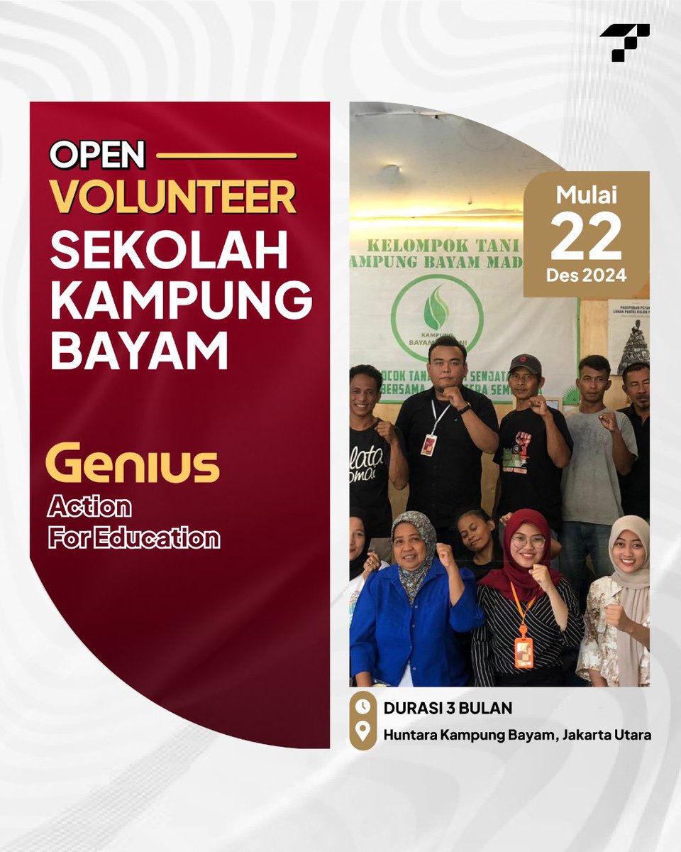 TalaDariGenius's tweet photo. Hallo, Sobat gen

Siapa nihh yang mau mencari pengalaman mengajar dan ingin menyalurkan ilmunya? Yu daftar menjadi relawan pengajar di kampung bayam

🎁 𝐁𝐞𝐧𝐞𝐟𝐢𝐭:
1. E-sertifikat
2. Konsumsi 
3. New Experience &amp; Networking

🔗 https://t.co/9EdmNecvbx

#genius https://t.co/9RPUwH4ftl