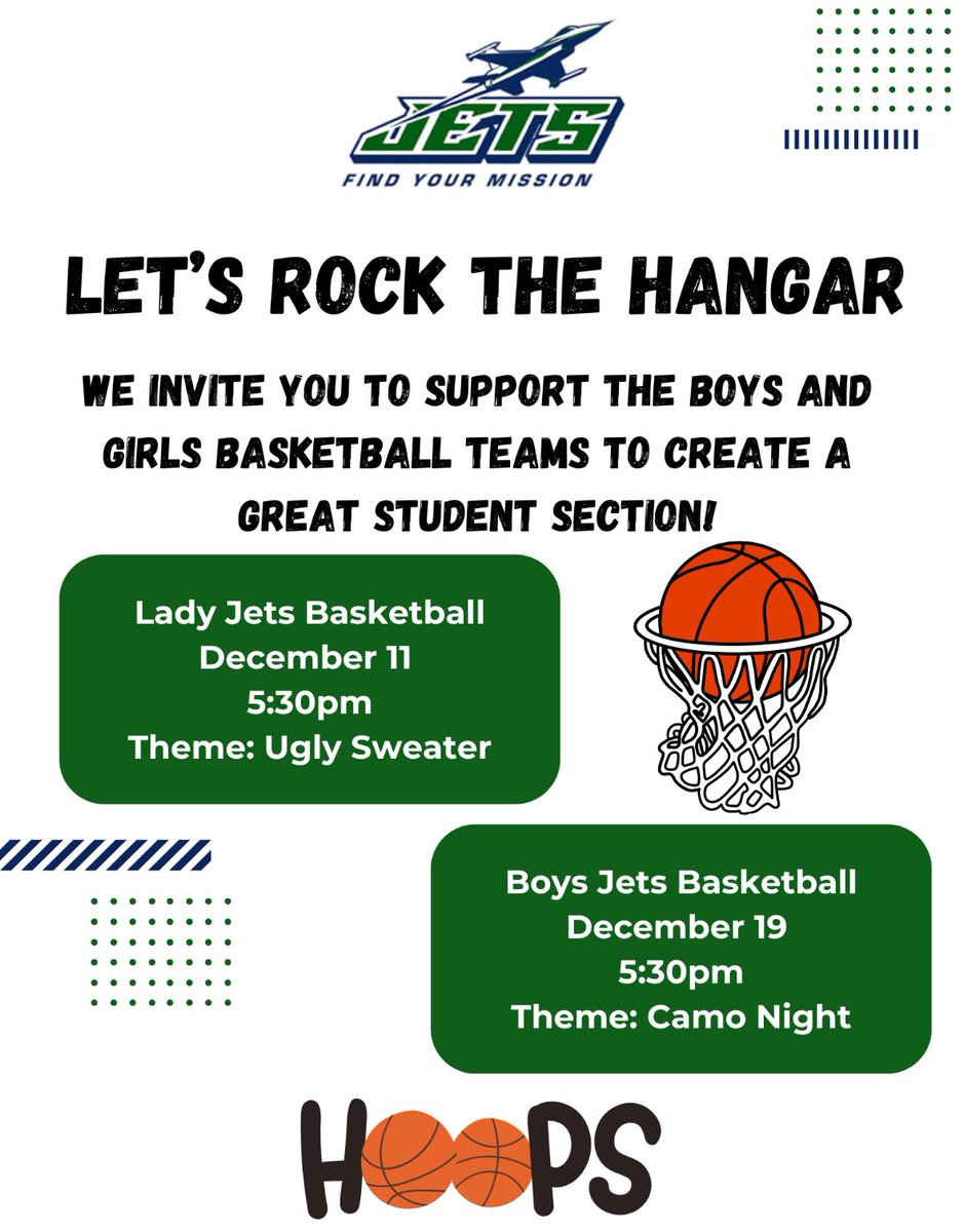 Come out next week and let’s get the Hangar rocking. Girls basketball 12/11 is ugly sweater and boys basketball 12/19 is camo. Let support our Jets.