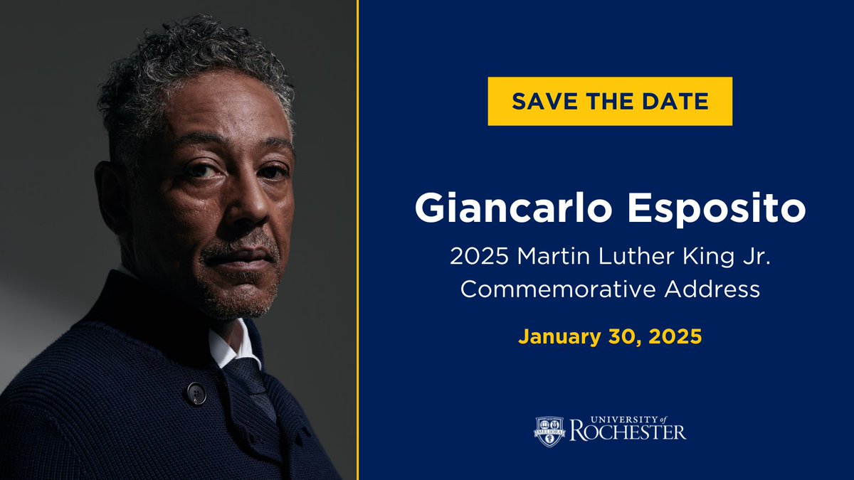 University of Rochester (@uofr) on Twitter photo Actor Giancarlo Esposito, best known for Breaking Bad, The Mandalorian, and Do the Right Thing, will deliver the University’s annual Martin Luther King Jr. Commemorative Address on Thursday, January 30
Learn more: events.rochester.edu/event/mlk-comm… | <a href="/quiethandfilms/">Giancarlo Esposito</a> Actor Giancarlo Esposito, best known for Breaking Bad, The Mandalorian, and Do the Right Thing, will deliver the University’s annual Martin Luther King Jr. Commemorative Address on Thursday, January 30
Learn more: events.rochester.edu/event/mlk-comm… | <a href="/quiethandfilms/">Giancarlo Esposito</a>