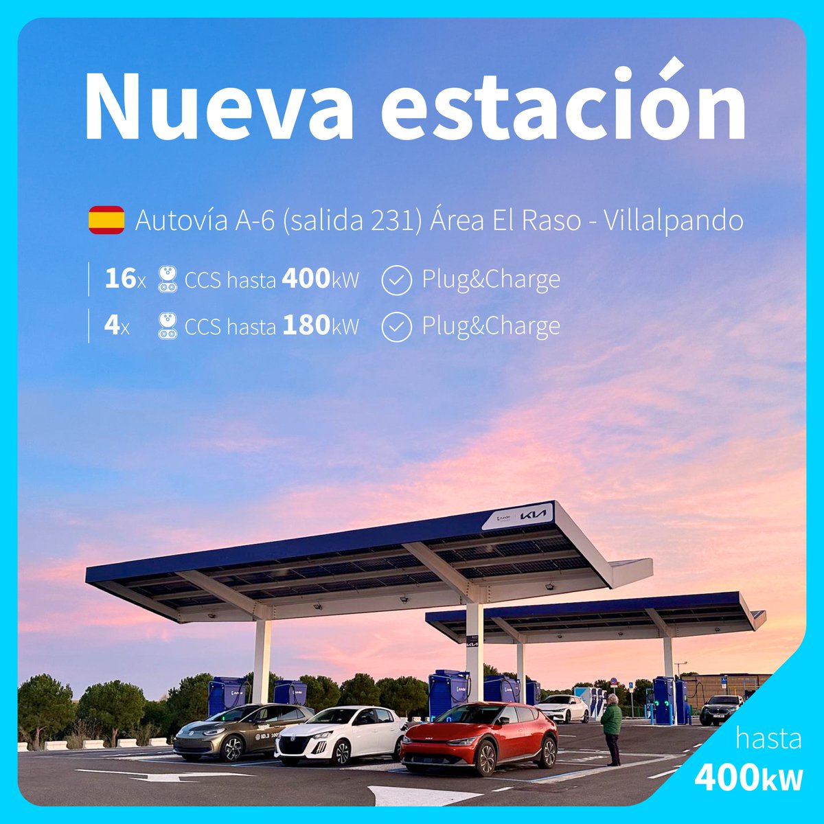 zunder_es's tweet photo. 💥#NuevaApertura | ¡@zunder_es pone en funcionamiento la mayor Estación de Carga Ultrarrápida en la Autovía A-6, con 20 puntos de carga de hasta 400 kW de potencia!

⚡16 x CCS con hasta 400 kW de potencia
⚡4 x CCS con hasta 180 kW de potencia

https://t.co/5PZW4JAO9a https://t.co/lAiXtyenAc