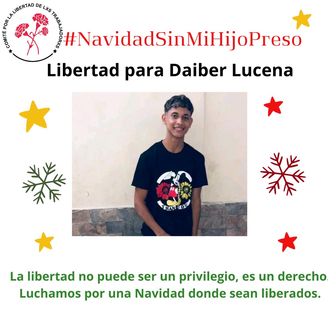 DAIBER LUCENA
16 años de edad, se lo llevaron de su casa el 31 de julio a las doce del medio día.
Está en proceso de juicio sin pruebas en su contra. 
Le imputan hurto calificado, terrorismo, incitación al odio y resistencia a la autoridad. 
#NavidadSinMiHijoPreso