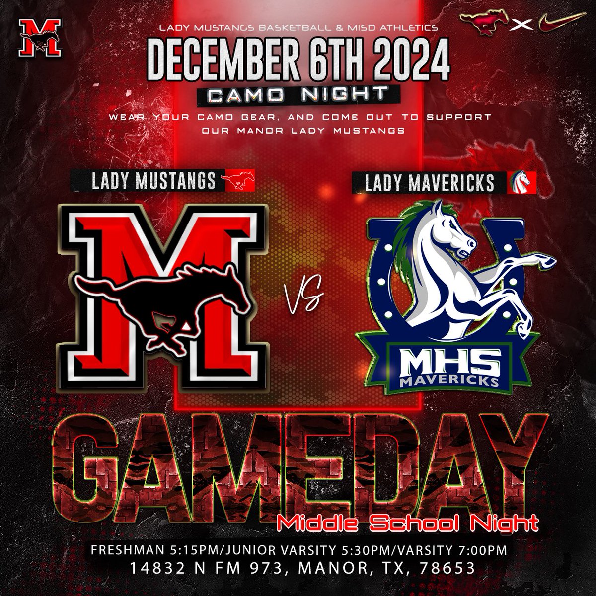 Join the <a href="/ManorGirlsHoops/">Manor HS Girls Basketball</a> this Friday December 6th for Middle School Night as we take on the ladies from <a href="/McNeilWBB/">Round Rock McNeil Lady Mavs Basketball 🏀</a>. DJ Hella Yella will be in the building mixing it up. Friday’s game is Camo Themed; so come early, be loud, and support your Lady Mustangs 🐎🏀

#WAMM
#WhyNotUs