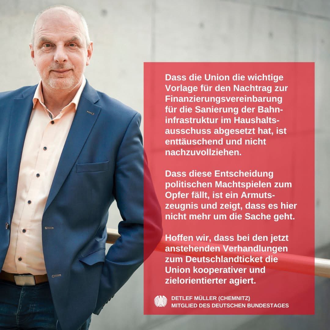 Dass die Union die wichtige Vorlage für den Nachtrag zur Leistungs- und Finanzierungsvereinbarung für die Sanierung der Bahninfrastruktur im Verkehrs- und Haushaltsausschuss abgesetzt hat, ist enttäuschend und nicht nachzuvollziehen. 1/3
