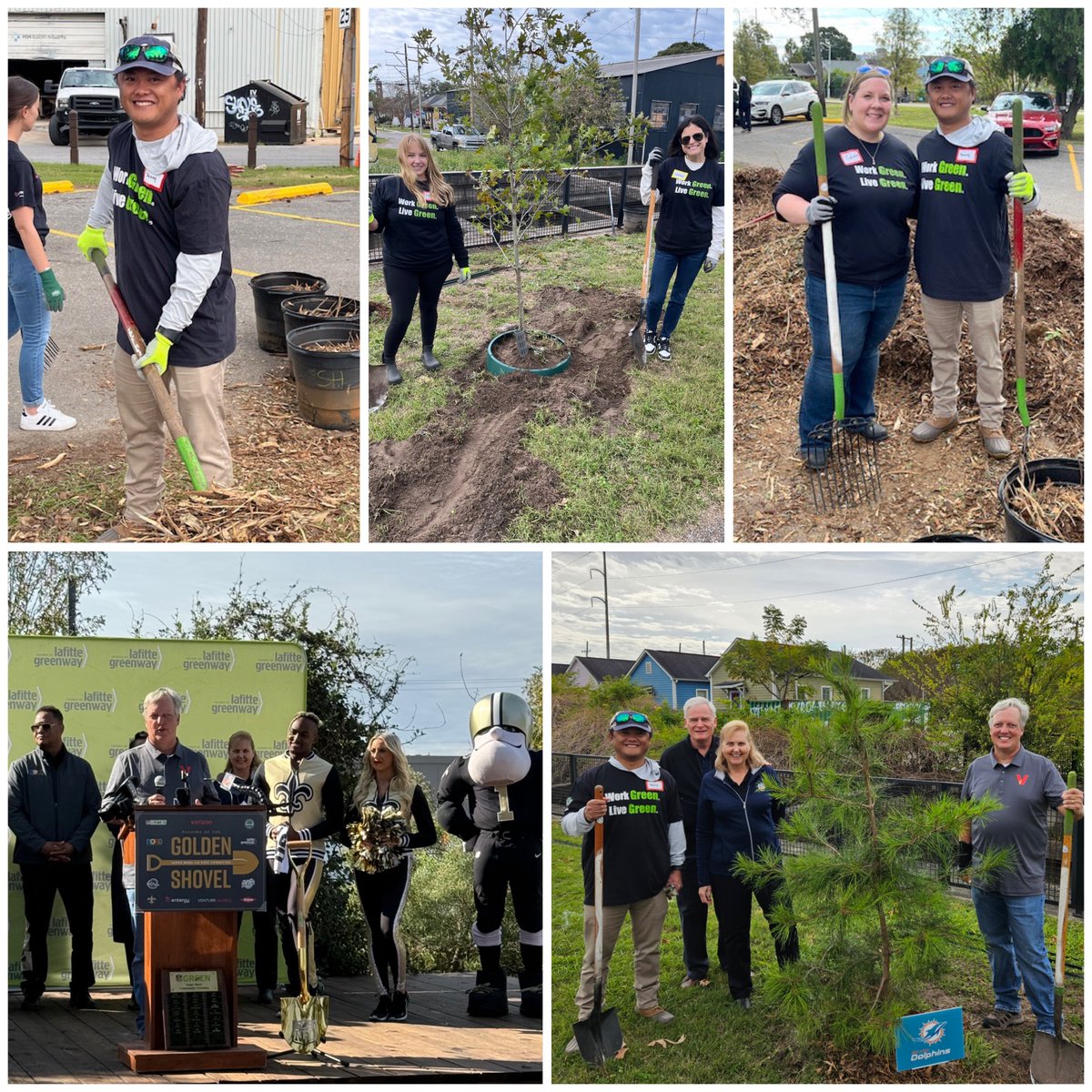 VerizonGreen's tweet photo. Passing the Shovel for #SBLIX! 🏈 @VerizonGreen partnered with @NFLGreen to plant 32 trees in New Orleans to celebrate all 32 NFL teams and kickoff a series of community greening projects transitioning from @lvsuperbowlhc to @NOLASuperBowlHC! #WorkGreenLiveGreen https://t.co/qIUQCdHU2L