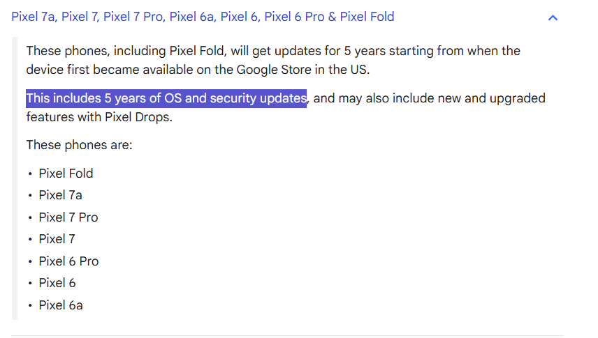 Google officially confirms the Pixel 6 series, Pixel 7 series, and Pixel Fold will get an additional 2 years of OS updates!

The company has updated a support page to mention that these Pixel phones are guaranteed 5 years of updates - including 5 years of OS and security updates