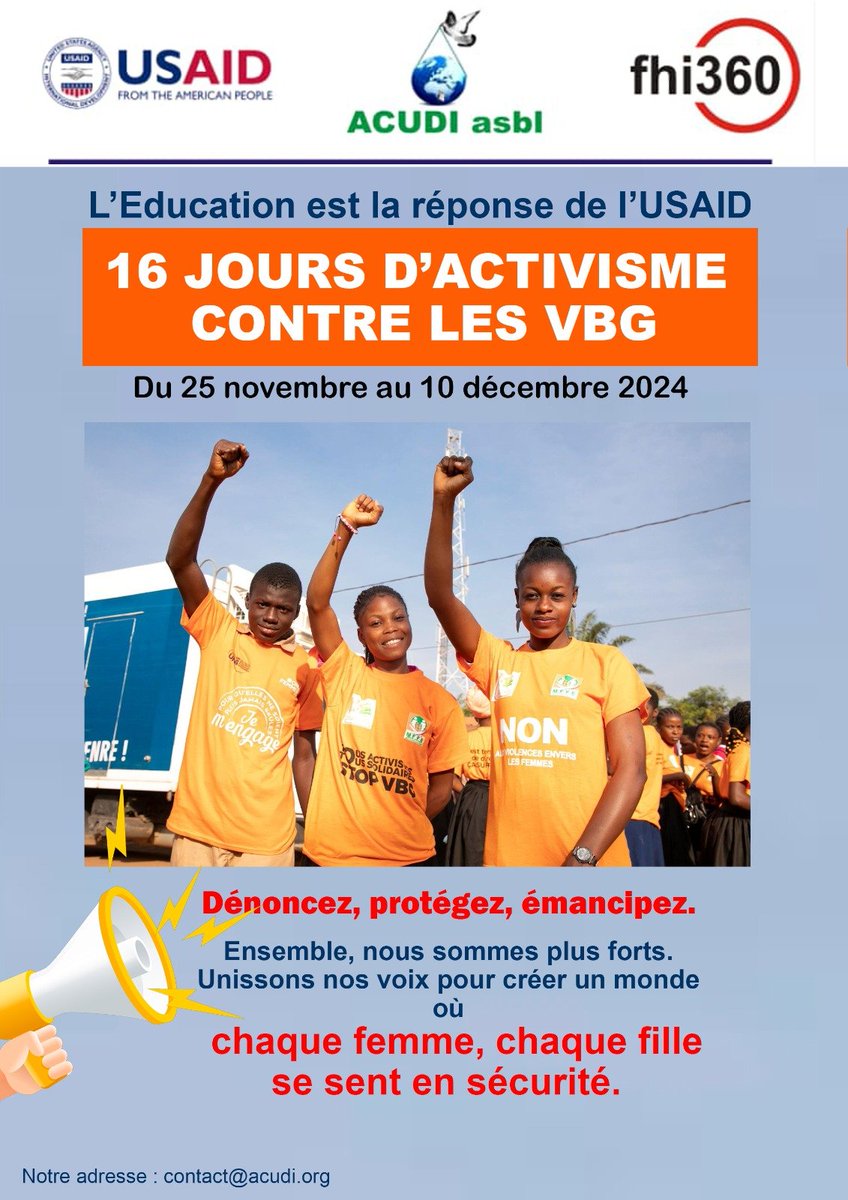 Célébration de 16 jours d'activisme contre les violences faites à la femme et à la fille dans le cadre du projet Elimu Ni Jibu ya USAID exécuté par <a href="/AcudiAsbl/">ACUDI asbl</a>  grâce au financement de <a href="/USAID/">USAID</a> à travers <a href="/fhi360/">FHI 360</a>