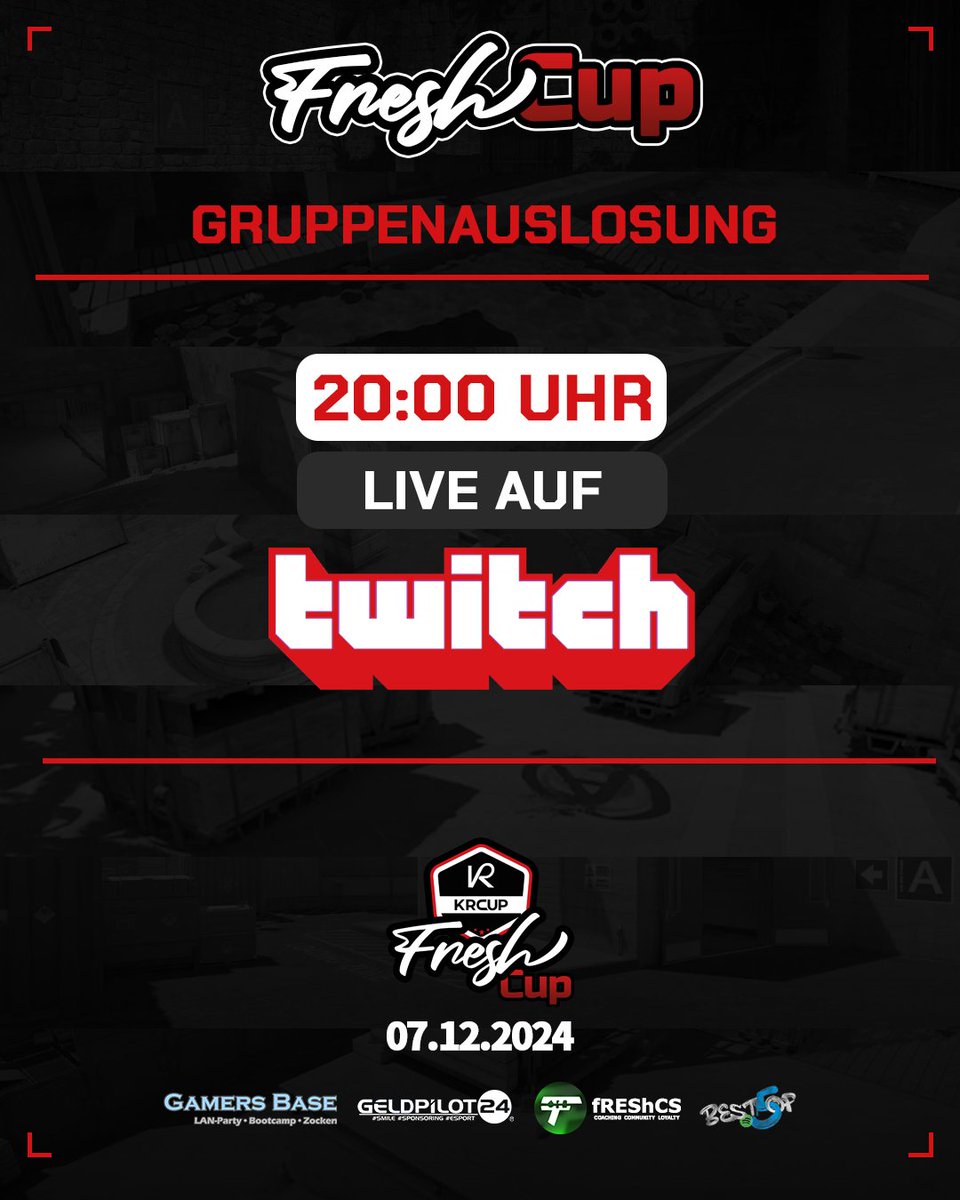 [ FreshCup #4 ]

Nicht vergessen: Die Gruppenauslosung für den kommenden vierten FreshCup beginnt heute um 20:00 Uhr!

📺twitch.tv/freshcs_

---------
<a href="/fREShCS1/">fREShCS</a>  | <a href="/GELDPILOTeSport/">GELDPILOT24 eSport</a> | <a href="/GamersBaseBC/">Gamers Base</a> |
<a href="/BestOf5Podcast/">BestOf5 Podcast</a> | <a href="/AEODACHCS/">All eyes on DACHCS</a>

<a href="/NYXIA_eSports/">NYXIA eSports</a> <a href="/DieDonuts/">DieDonuts eSports</a> <a href="/ARROWdotGG/">ARROW</a>