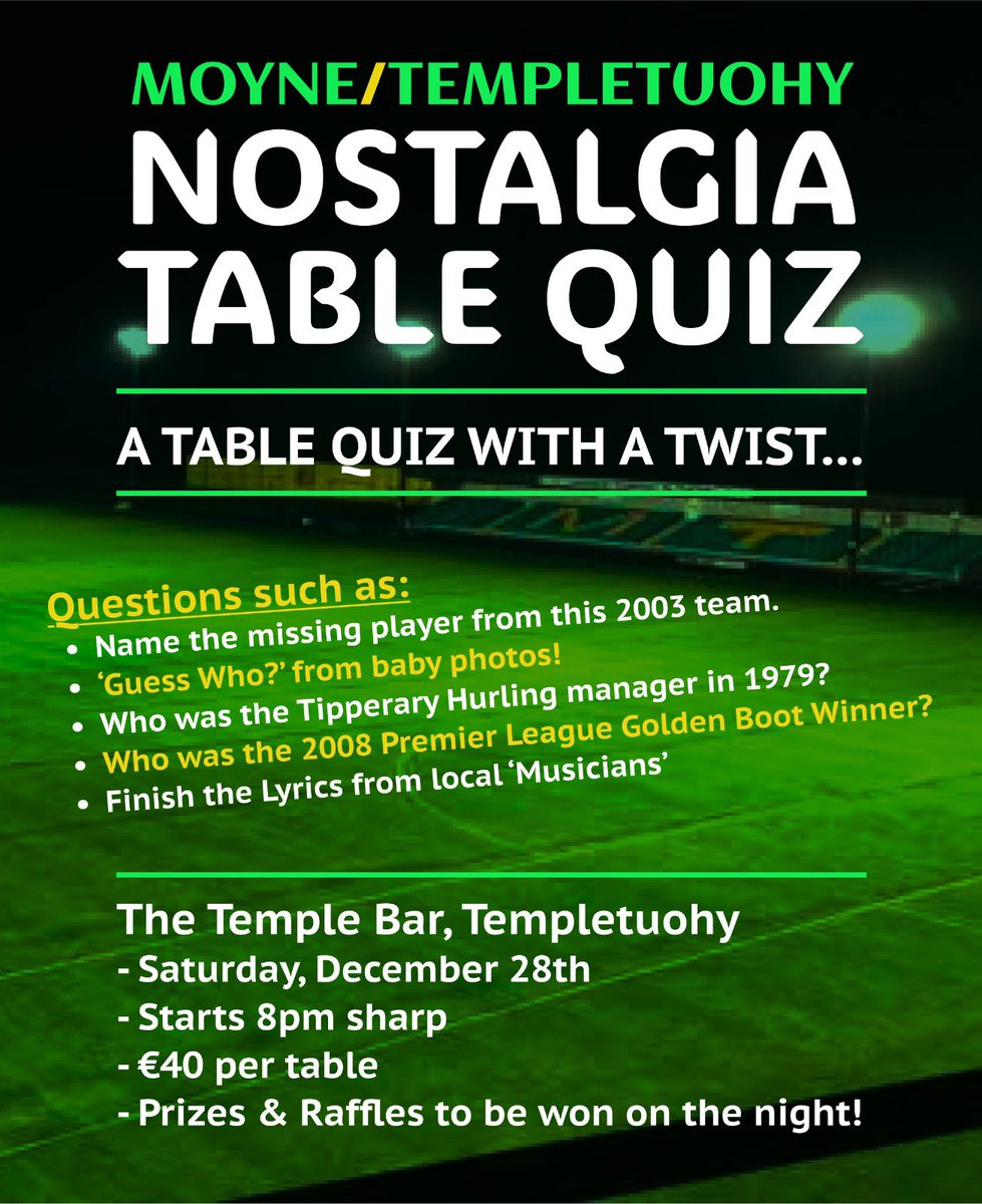 🎄⚽ Moyne-Templetuohy Christmas 5-A-Side &amp; Nostaglia Table Quiz 🎶❓

Saturday, December 28th, 2024 📅

🎅 Proceeds Supporting Moyne-Templetuohy GAA Club &amp; Big Dinny’s Memorial Miles for Milford Fundraiser 🎁