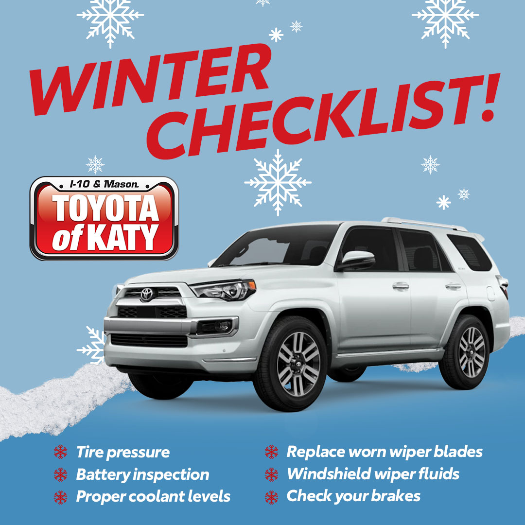 ToyotaOfKaty's tweet photo. From checking your tires to ensuring your battery is in top shape, winter vehicle prep is essential to keep you safe and confident on the road. Don't let the cold weather catch you off guard — our team is here to help you get ready.
 https://t.co/izxw34t1UV https://t.co/P8ycMI6T2O