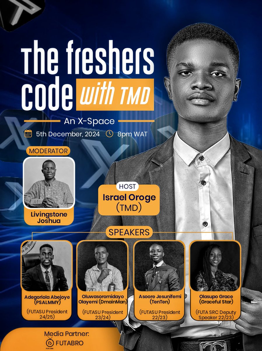 israeloroge's tweet photo. The Freshers Code with TMD will be happening live tomorrow hosted by me,  co-hosted by @FutaBro  and moderated by @Is_Livingstone ✨

Join us by 8pm today and be a part of this historic event. 

https://t.co/KduV1Cs3Y4 https://t.co/MePATKIdMk
