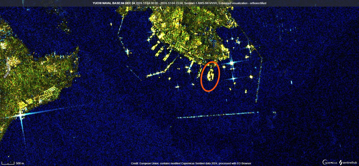d_viekass's tweet photo. #Liaoning #CV16 back from short deployment. Discerned at #YuchiNavalBase on 04 Dec 24:10:04:51 UTC. Last seen operating Northeast of #Shanghai coast on 2nd Dec. 📸#Sentinel1 SAR 🛰️ @Moochikal @raje271065 @BerrySuraj @MT_Anderson @AllSourceA @iceye_global @umbraspace @supbrow https://t.co/e2gHdNp1SN