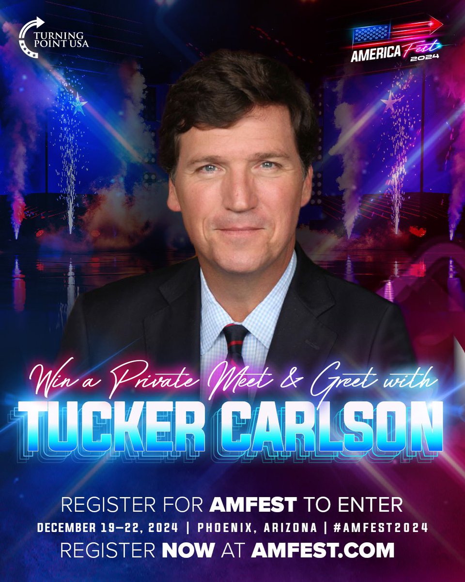 tpusastudents's tweet photo. 🚨 Calling All Patriots 🚨

The countdown to AmFest 2024 continues with an EXCLUSIVE opportunity! Register today and enter to WIN a private meet &amp; greet with Tucker Carlson 📸

Register for AmFest 2024 today and you could win 🔗 https://t.co/OjjX1eJyjV https://t.co/U2OP9OORkG