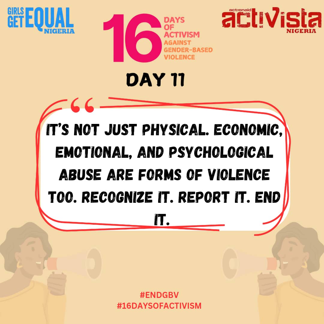 Day 11:
Children exposed to GBV carry scars for life. Let’s protect the next generation by breaking the cycle today. How can we create safer spaces for kids? #16DaysOfActivism2024 #16DaysOfActivismAgainstGBV <a href="/ActionAidNG/">ActionAid Nigeria</a> <a href="/activista_lagos/">Activista Lagos</a> <a href="/ActivistaNG/">ActivistaNigeria</a>