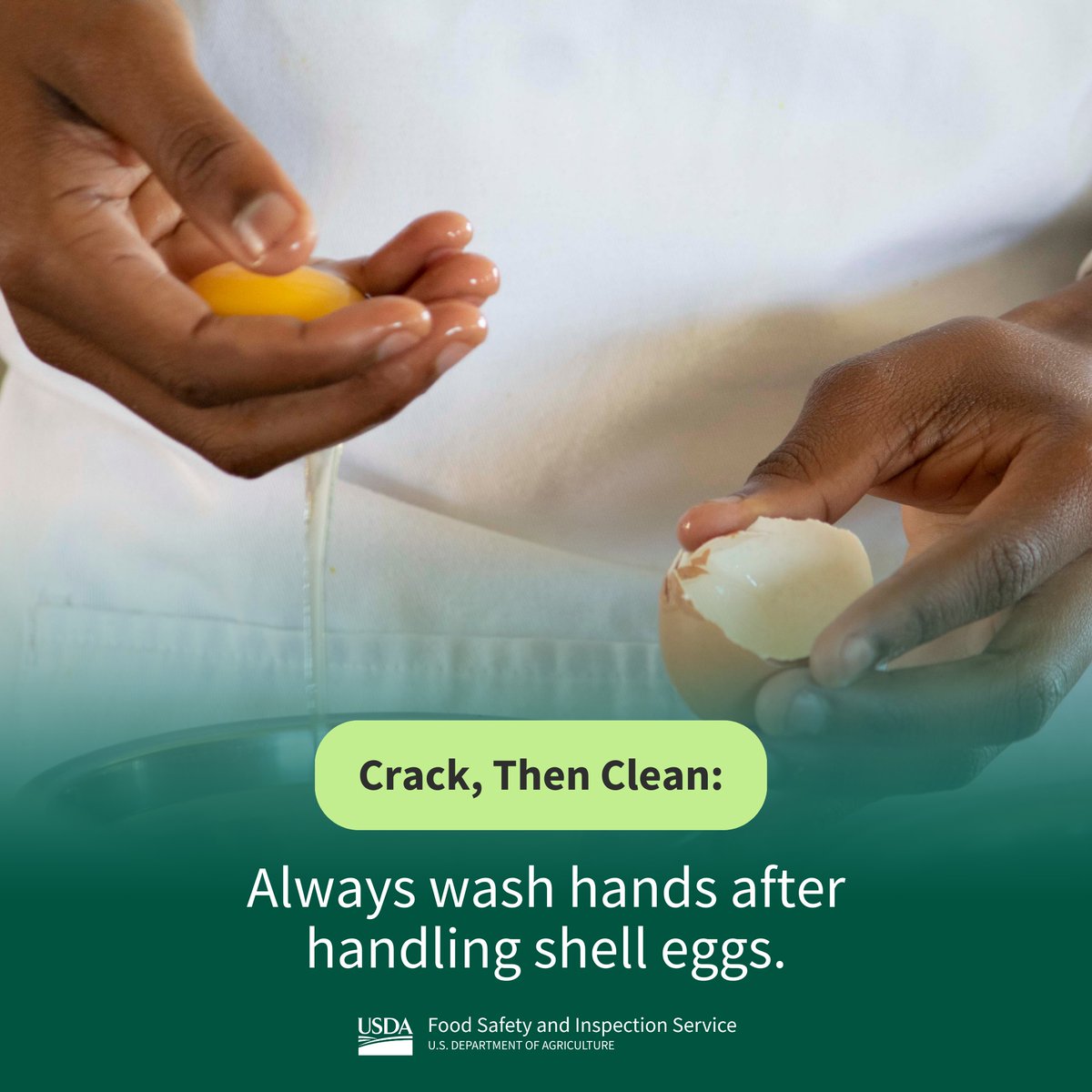 foodsafetygov's tweet photo. Bacteria may be present on the outside of eggshells. Even if you don’t get egg on your hands, always wash them after touching shells! Not washing hands can spread bacteria throughout the kitchen. #HandwashingAwarenessWeek https://t.co/XZhQt83kaf