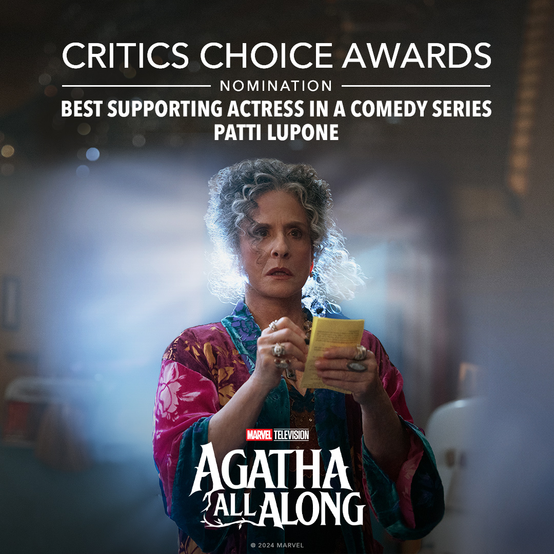 Congratulations to Patti LuPone on her Critics Choice Awards TV Nomination for Best Supporting Actress in a Comedy Series for Marvel Television’s #AgathaAllAlong! #CriticsChoiceAwards