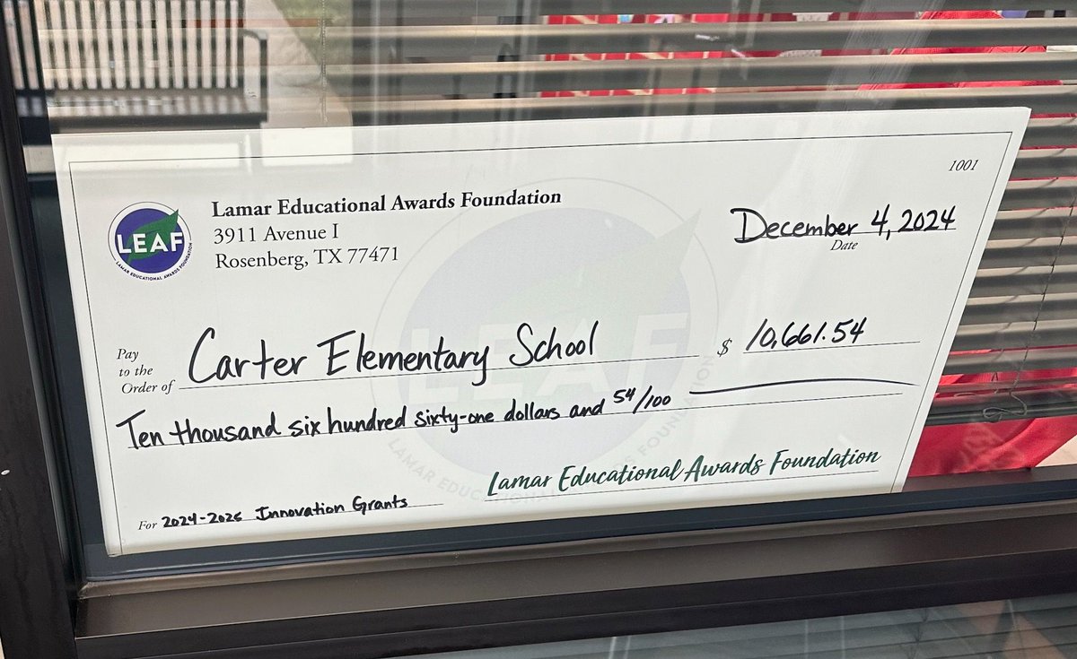 CarterCoyotes's tweet photo. Carter had a visit from the Lamar CISD LEAF Foundation yesterday! Our teachers won several grants this year! Congratulations!
#LamarCISD #LCISDLIBRARIES #L.E.A.F #Leafgrants https://t.co/jC7VIm335k